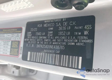 2022 Kia Rio 5-Door S z USA, uszkodzony, nr VIN 3KPA25AD9NE438785